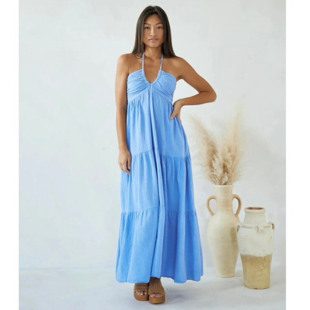 Blanco by Nature Carlotta Maxi Dress Blue Halter Backless Tiered Small EUC - Picture 3 of 8